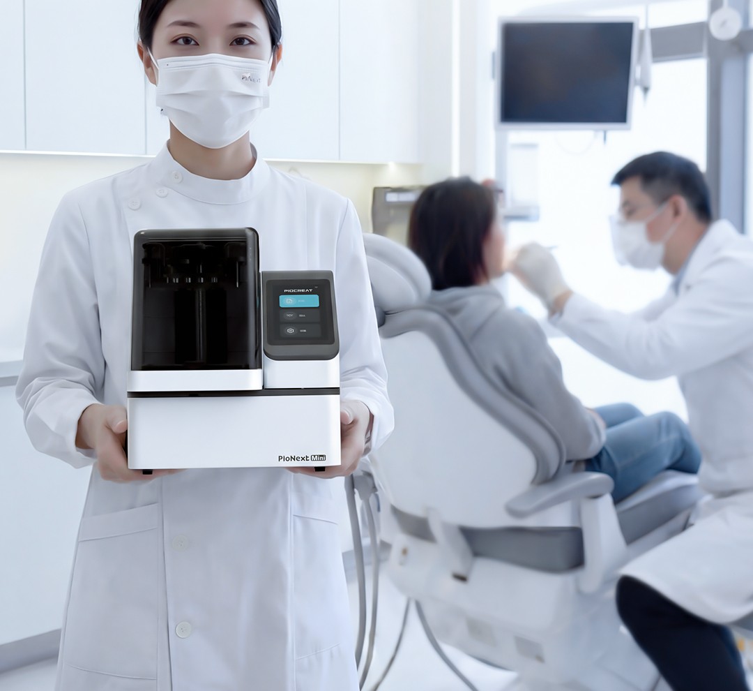 Dental professional holding the PioNext Mini All-in-One 3D printer in clinic