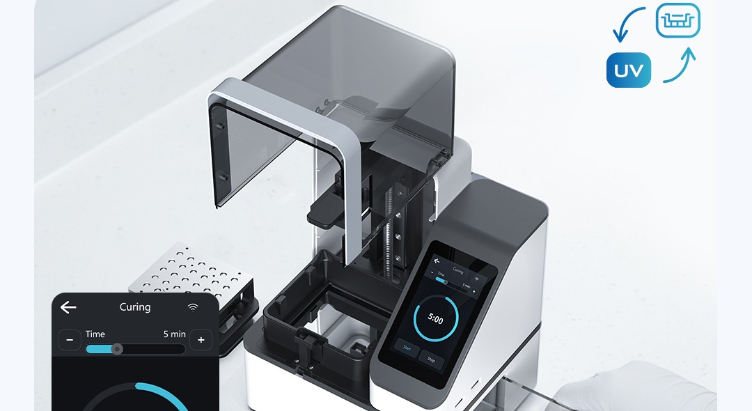PioNext Mini with chamber open — integrated 2-in-1 printing and curing